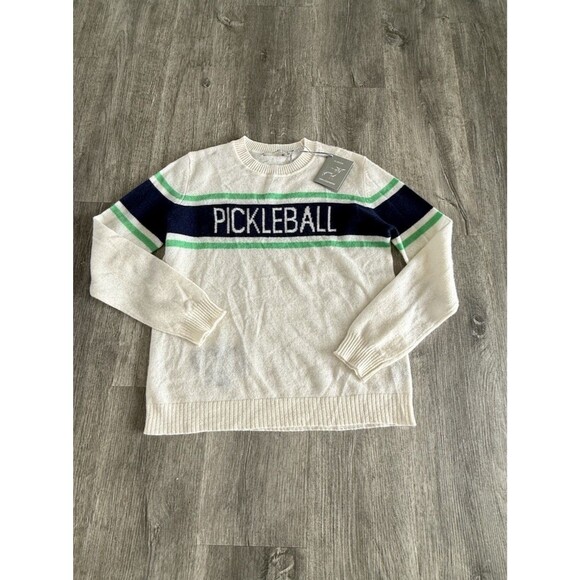 Alashan 100% Cashmere Luxury Pickleball Sweater White Blue Designer Medium NWT - Picture 2 of 14